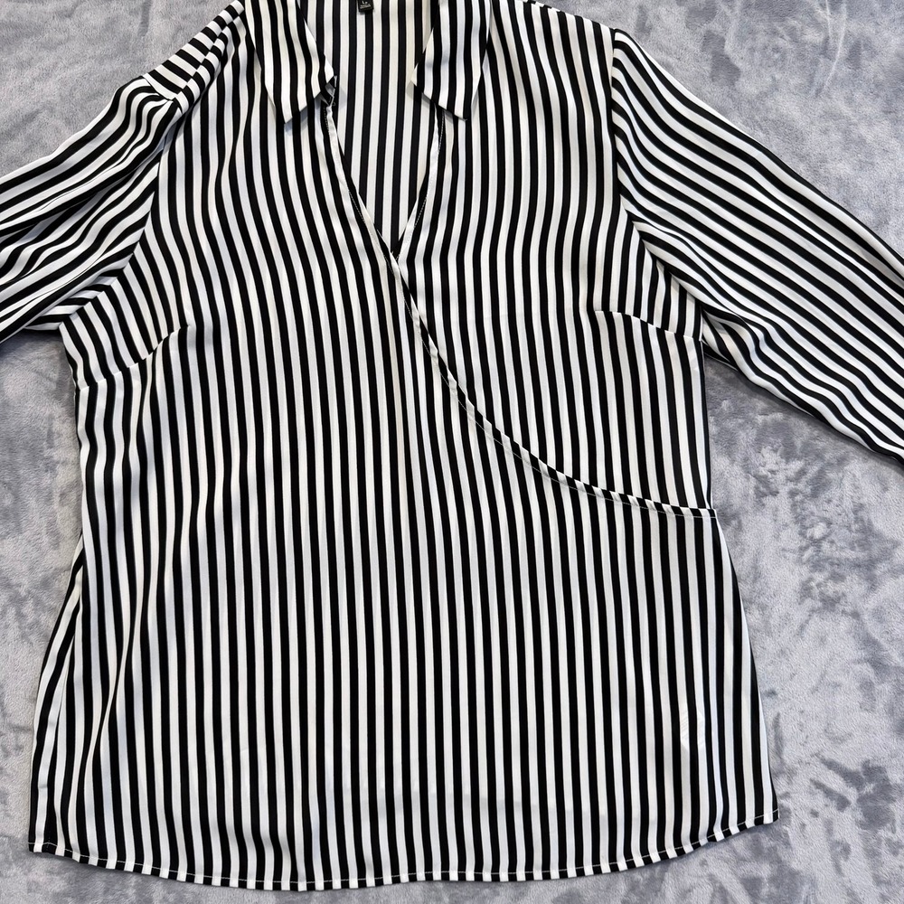Talbots Womens Blouse Surplice Faux Wrap Stripe Black White Petite Size LP